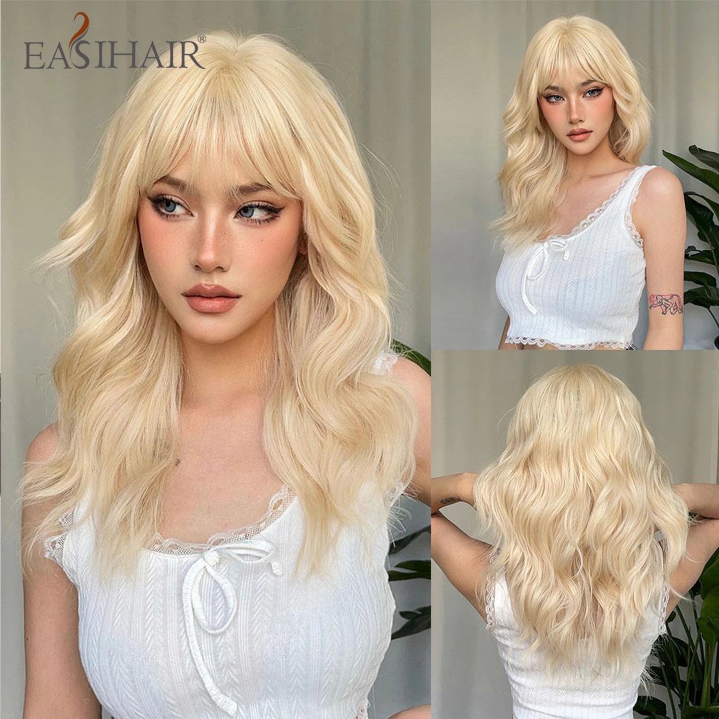 EASIHAIR Long Wavy Brown Synthetic Wigs for Women Dark Brown Wigs With Side Bangs Natural Hair for Daily Use Heat Resistant Wig