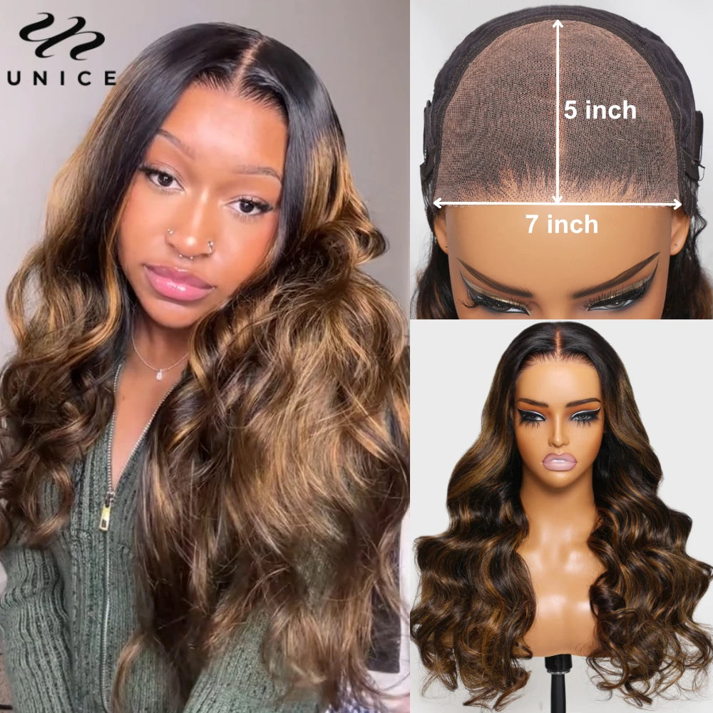 UNice 7x5 Glueless Wig Balayage Highlight Body Wave Lace Front Human Hair Wig Pre Cut Pre Bleached Pre Plucked Human Hair Wigs