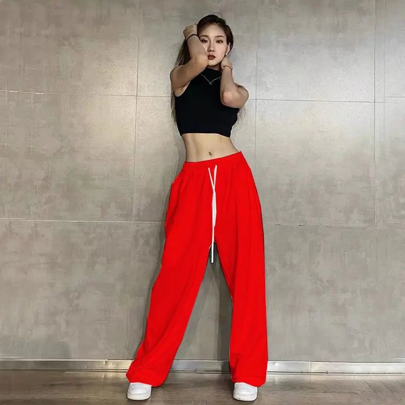 Hip Hop Leggings Sports Women's Spring and Autumn Patchwork High Waisted Drawstring Pockets Solid Color Loose Casual Jazz Pants