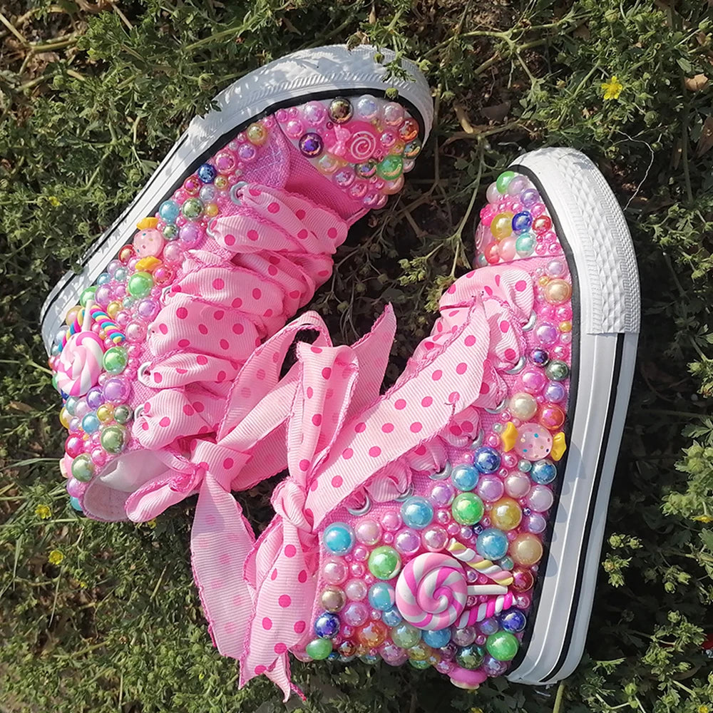 Handmade Rhinestones Bling Girls Womens Kids And Mother Candy Canvas Shoes Pearls Sneakers For Girl Birthday Party Wedding