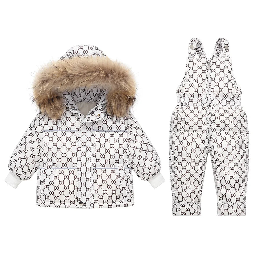 2023 Winter New 2 3 4 Years Baby Kids Clothing Thick Fur Hooded Jacket+Overalls Suit 2Pcs Duck Down Set for Kids Girls Boys