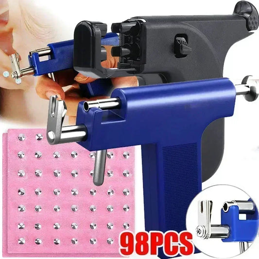 98PCS Pro Ear Body Nose Navel Lips Tongue Piercing Gun Machine Supply Tool Kit Set Ear Studs Healthy Safty Sterile Piercer