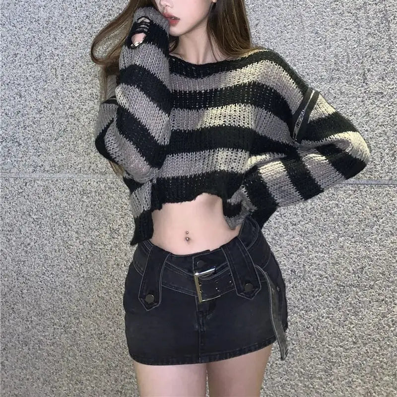 E-girl Gothic Crop Sweater Striped Knitted Pullovers Punk Zipper 2000s Y2K Vintage Harajuku Grunge Jumpers Autumn Spring Clothes