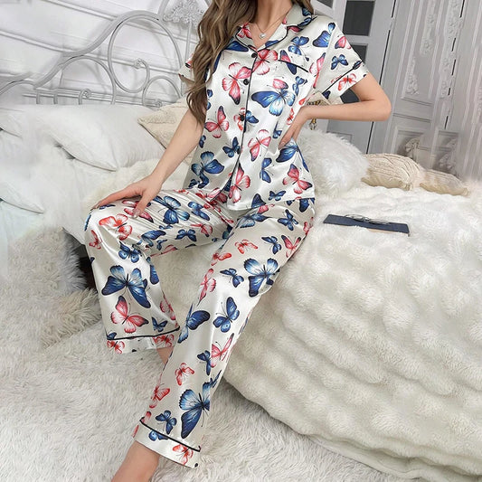 Butterfly Print Pajamas Women Autumn Short Sleeve Buttons Top & Long Pants Pajama Pj Sets Ladies Sleepwear Loungewear Nightwear