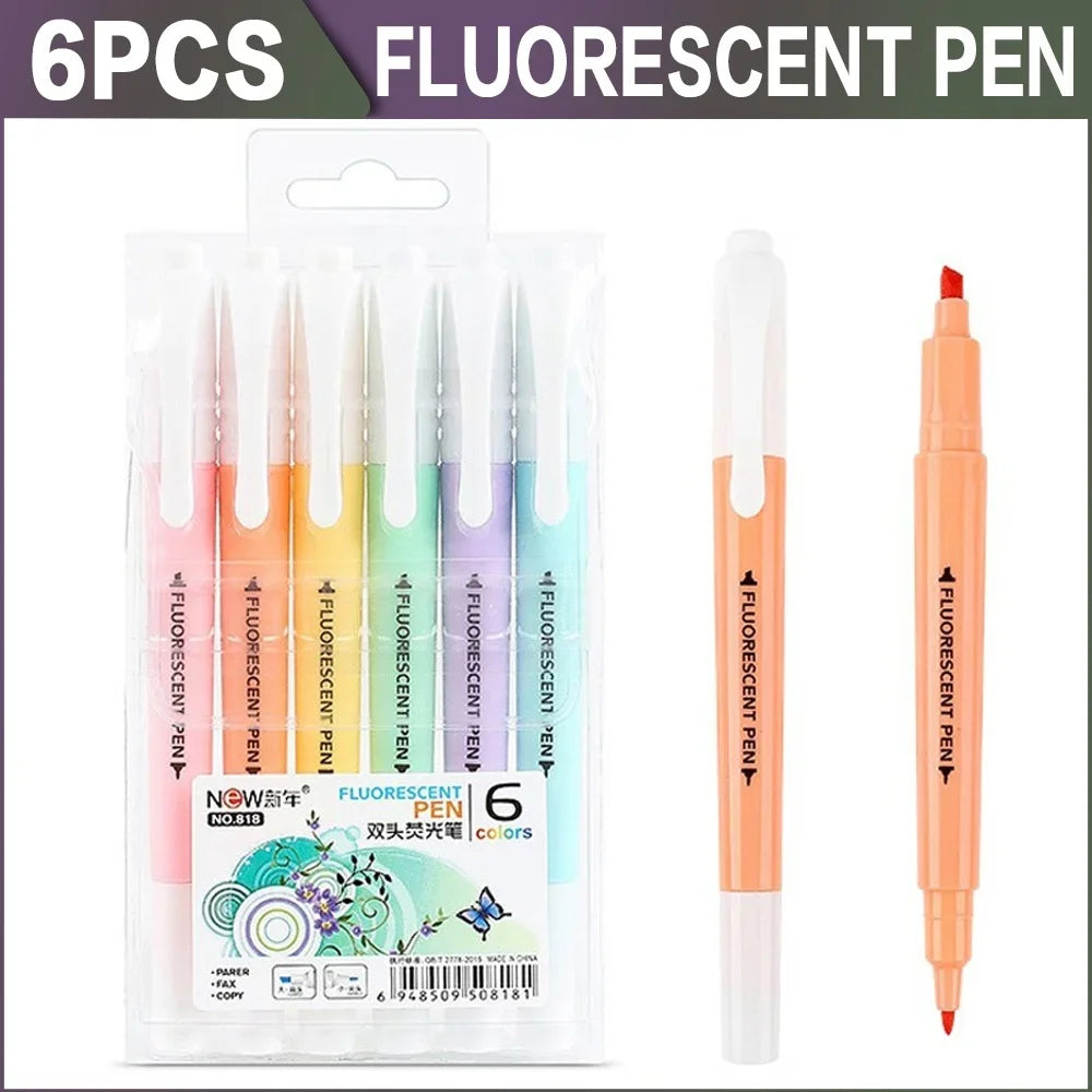 6PCS Cute Candy Color Highlighter Pen Stationery Double Headed Fluorescent Marker Pen Mark Pen Office School Supplies