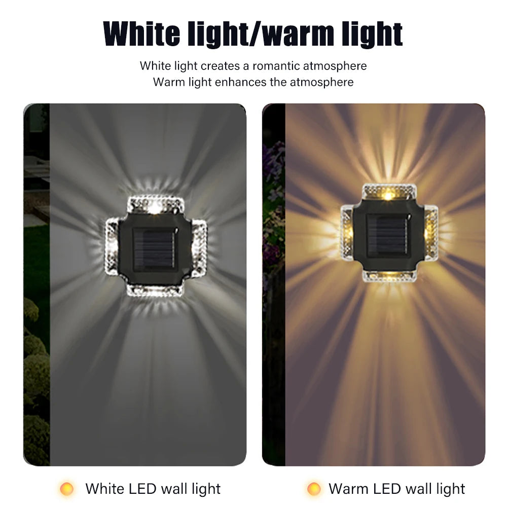 LED Solar Wall Lamp Four Sides Spotlight Outdoor Waterproof Up and Down Luminous Sunlight Light Garden Yard Fence Decor Lamps