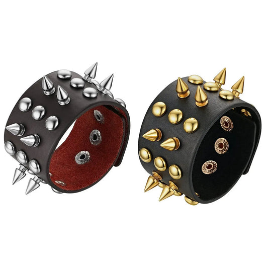 Boniskiss Punk Gothic Heavy Rivet Spike Stud Cone Wide PU Leather Cuff Bracelet Men Womens Wristband Cosplay Rock Unisex Jewelry