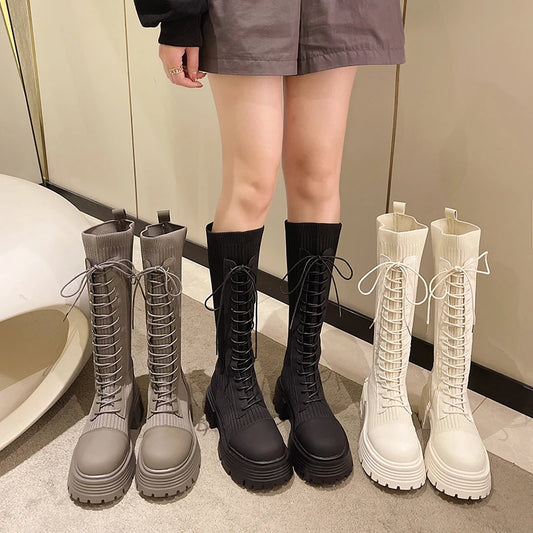 Chunky Platform Knitted Long Boots Women 2022 Autumn Thick Bottom Warm Sock Shoes Woman Lace Up Knee High Botas De Mujer