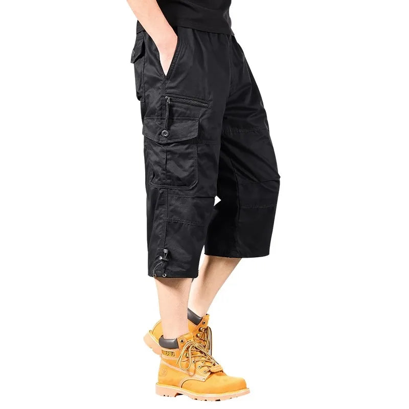 Summer Men's Cargo Shorts Loose Casual Below Knee Pants Elastic Waist Plus Size Outdoor Jogging Tactical Military Capri Pants