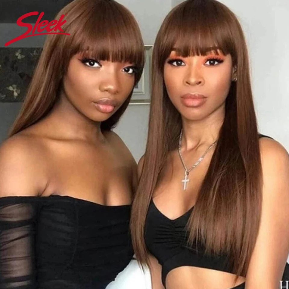 Sleek Human Hair Wigs With Bang Brazilian Straight Red Burgundy Human Hair Wigs Brown Color 4# For Black Women None Lace Wigs