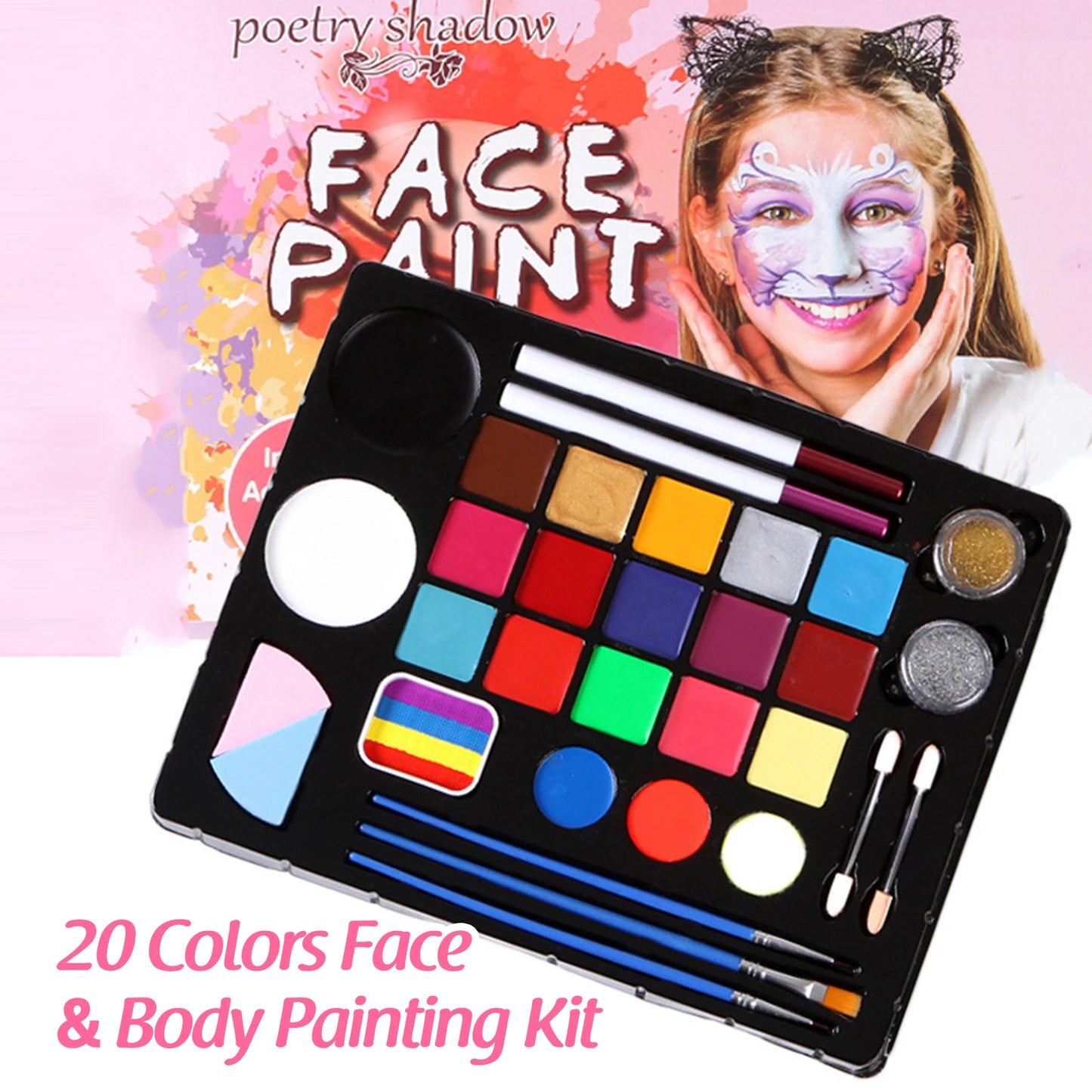 Professional Face & Body Painting Kit 20 Colors Washable Water Based Paints Non-Toxic Face Paint Palette for Halloween Cosplay