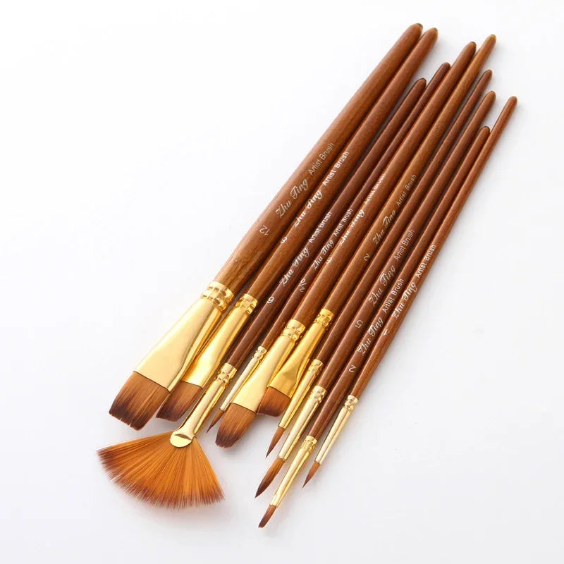 New 10Pcs Paint Brushes Set Nylon Hair Painting Brush Short Rod Oil Acrylic Watercolor Pen Professional Art Supplies