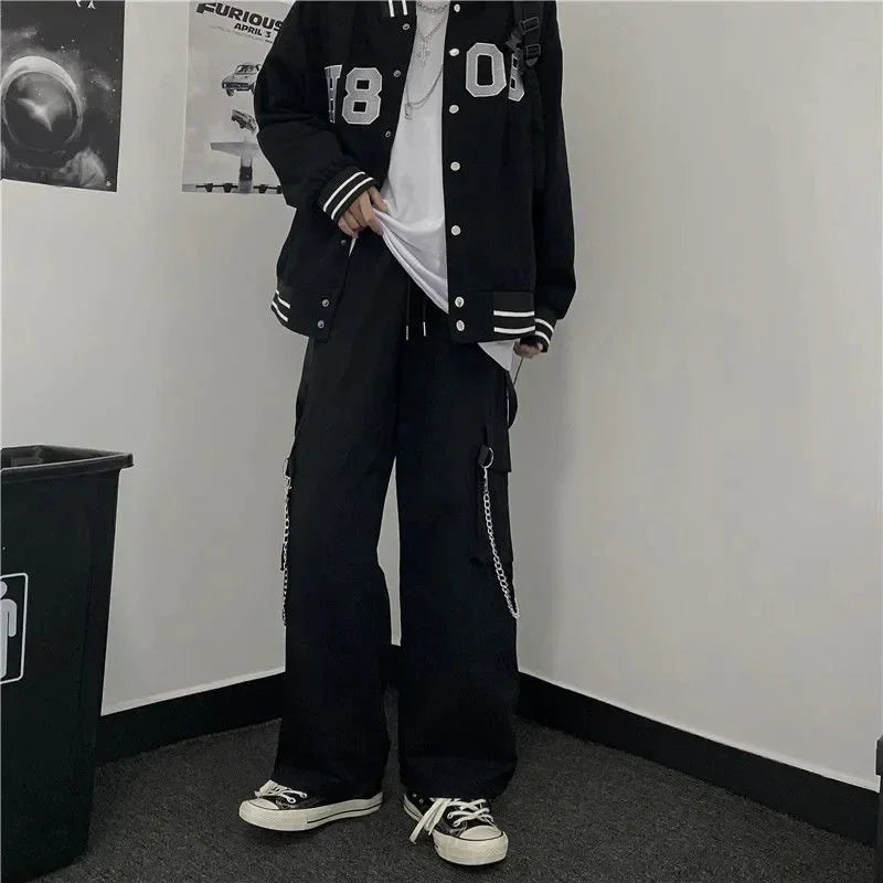 Goth Punk Black Cargo Pants With Chain Streetwear Men Wide Leg Trousers Harajuku Hip Hop Hombre Casual Joggers Pantalon Homme