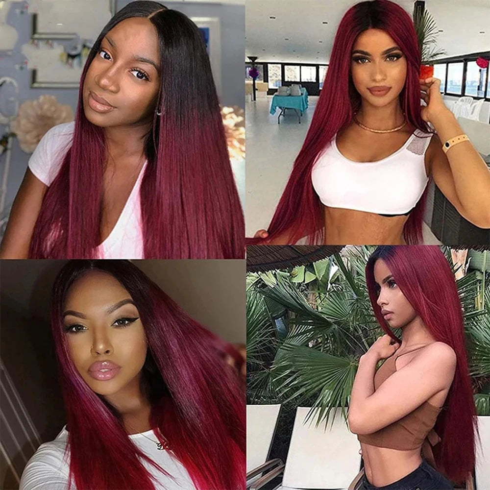 1B/99J Straight Wigs Human Hair 4x4 Closure Wig Brazilian Burgundy 13x4 Lace Front 32Inch Wigs For Black Women Pre Plucked