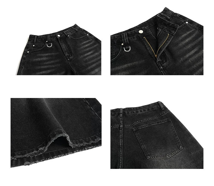 Harajuku Vintage High Waist Black Retro Washed Denim Shorts Women's Fashion Casual Loose Fit Y2K Streetwear Mid Long Short