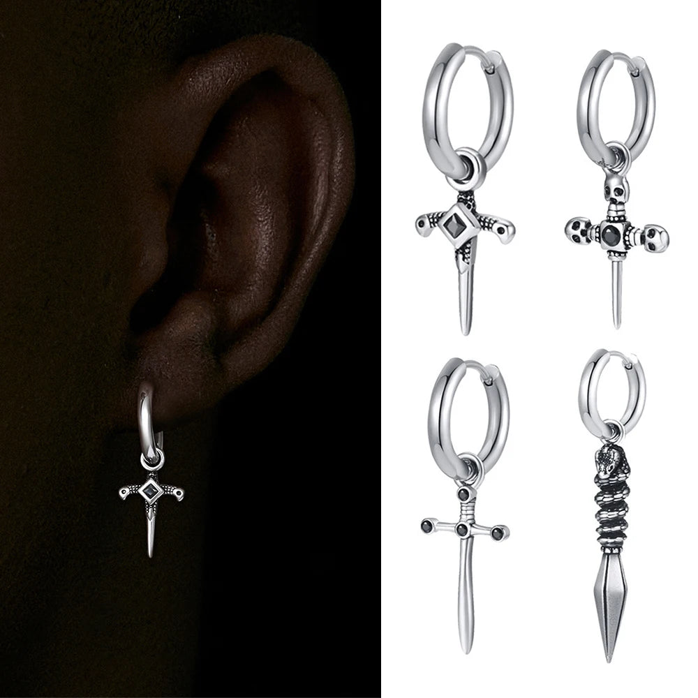 Vintage Gothic Cross Sword Dagger Dangle Earring For Men Women Stainless Steel Earring Goth Punk Hip Hop Rock Fashion Jewelry