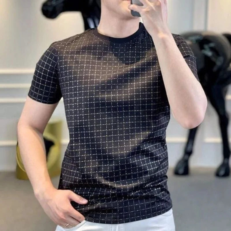 Summer Men Clothing Short Sleeve Plaid T-Shirts Streetwear Fashion Vintage Business Casual Round Neck Black Versatile Slim Tops