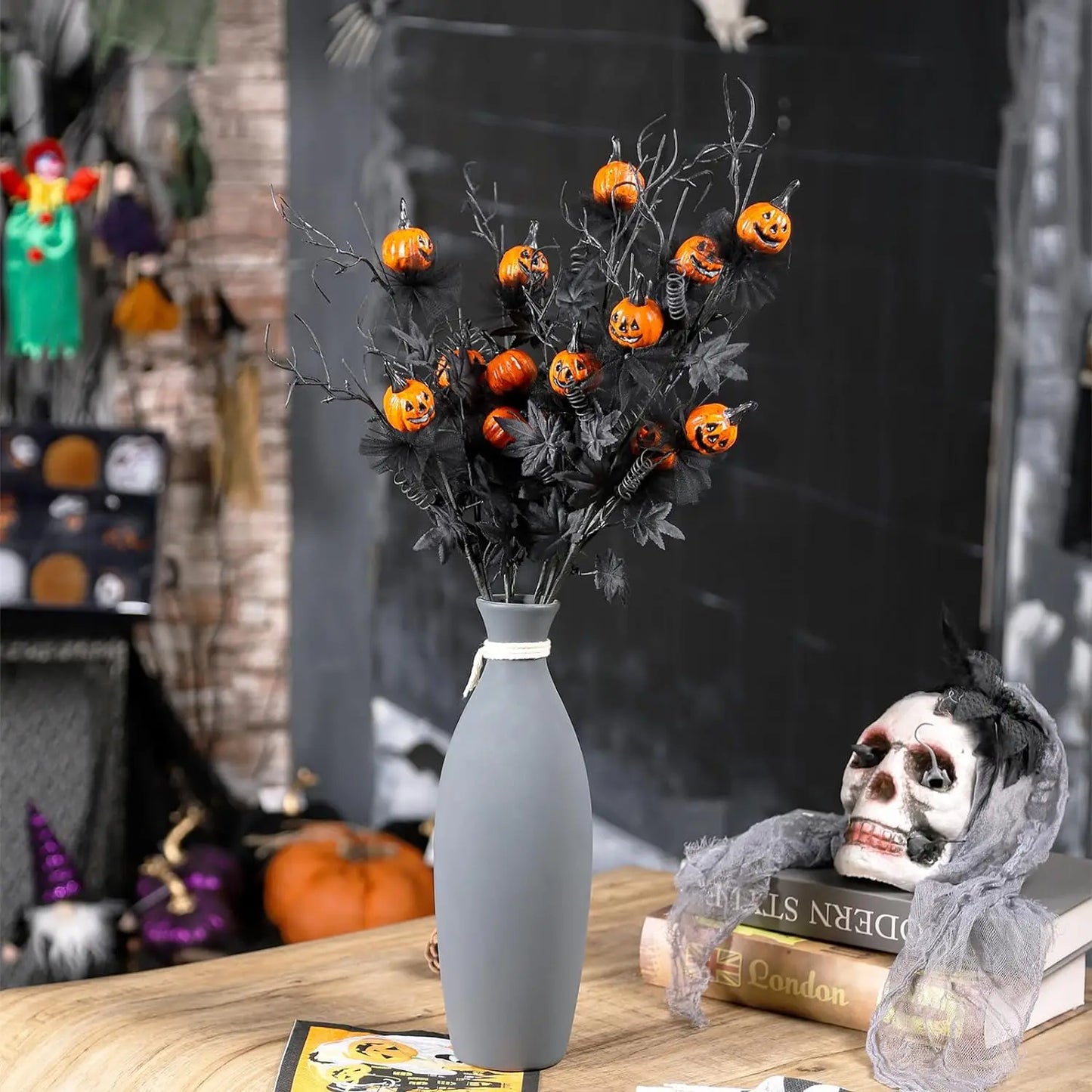 Halloween Decor Artificial Pumpkin Maple Leaf Floral Stems Black Orange Halloween Branches Home Indoor Party Vase Arrangement