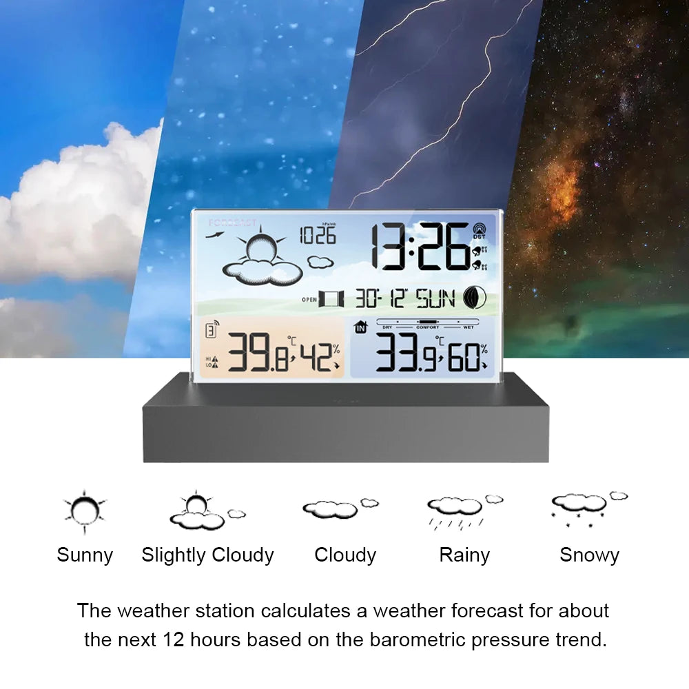 Transparent glass weather clock wireless Multifunctional weather forecast Electronic alarm clock black Outdoor sensors backlight