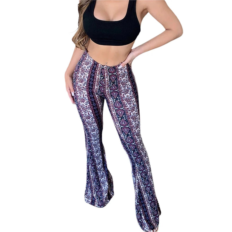 Women Flared Bell Bottoms Floral Boho High Waisted Fit Flare Leggings Stretchy Bootcut Yoga Pants Hippie Pants