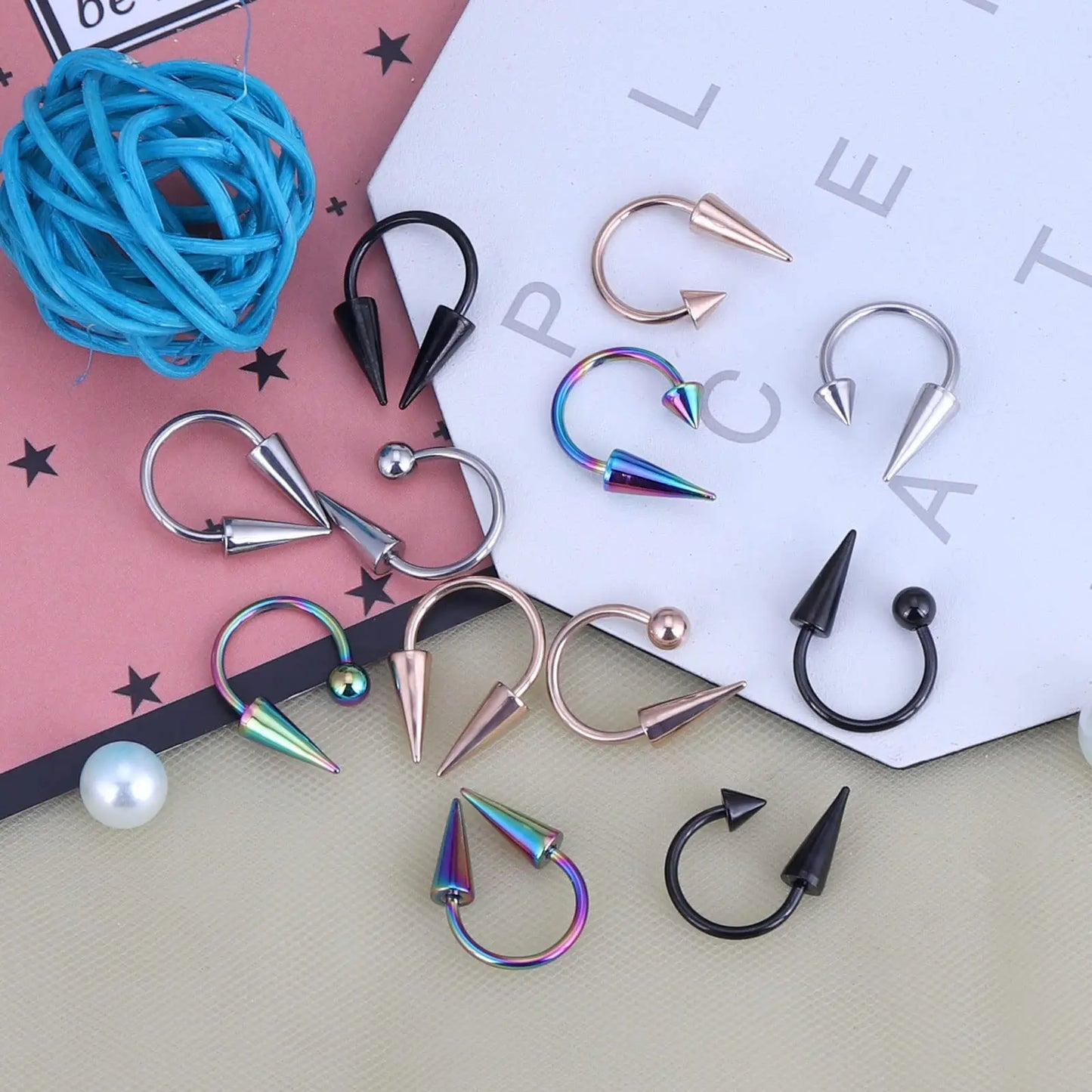 1-12PCS 16G Stainless Steel Long Spike Nose Septum Rings Horseshoe Hoop Lip Ring 10mm Piercing Jewelry Kit For Women Men 4Colors