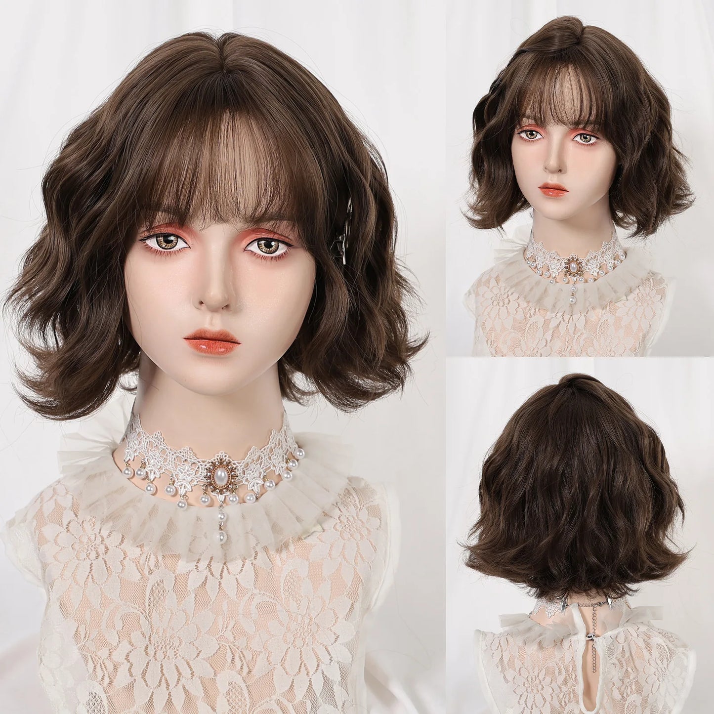 ALAN EATON Auburn Synthetic Wigs with Bangs Short Wavy Wig Red Brown Curly Hair for Party Cosplay Heat Resistant Fiber Wig