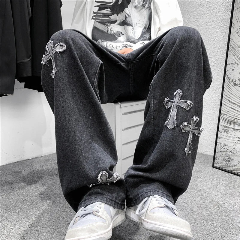 Streetwear Gothic Jeans Women  High Waist Jeans Trousers Casual Cross Cargo Pants Korean Summer Straight Baggy Punk Clothes