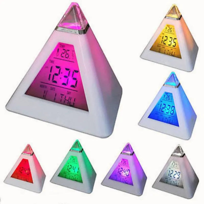 Digital LED Alarm Clock 7 Colors Changing Night lights for desktop Time Temperature Display Pyramid Shape Desk Clock Home Decor