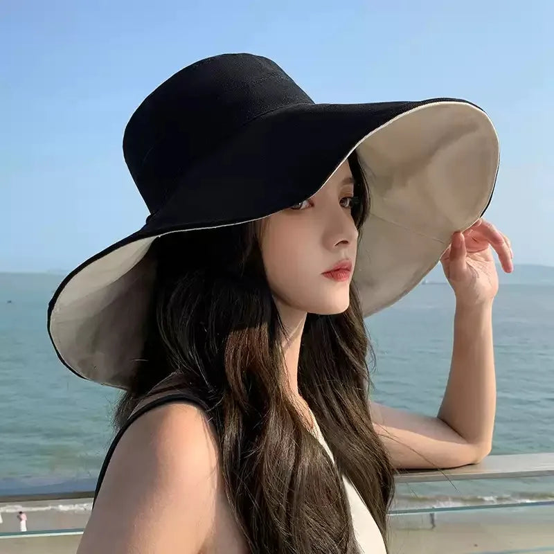 Spring Summer New Big Wide Brim Women Bucket Hat Solid Color Foldable UV Protection Outdoor Beach Panama Cap Sun Hats