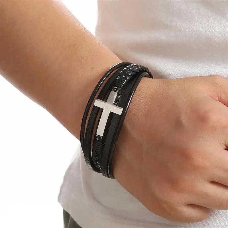 High Quality Cross Stainless Steel Leather Bracelet Charm Magnetic Men Bracelet Genuine Braided Punk Rock Bangles Jewelry Gift