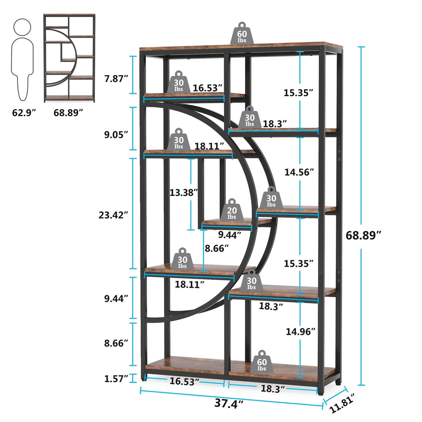 Tribesigns Bookshelf Industrial 5 Tier Etagere Bookcase, Freestanding Tall Bookshelves Display Shelf Storage Organizer