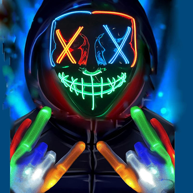 Halloween LED Purge Neon Light Up Mask Costumes Cosplay Mask With LED Gloves Women Men Halloween Decor Full Face Glowing  Mask