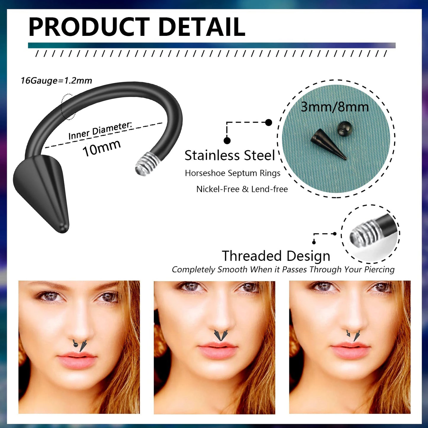 1-12PCS 16G Stainless Steel Long Spike Nose Septum Rings Horseshoe Hoop Lip Ring 10mm Piercing Jewelry Kit For Women Men 4Colors