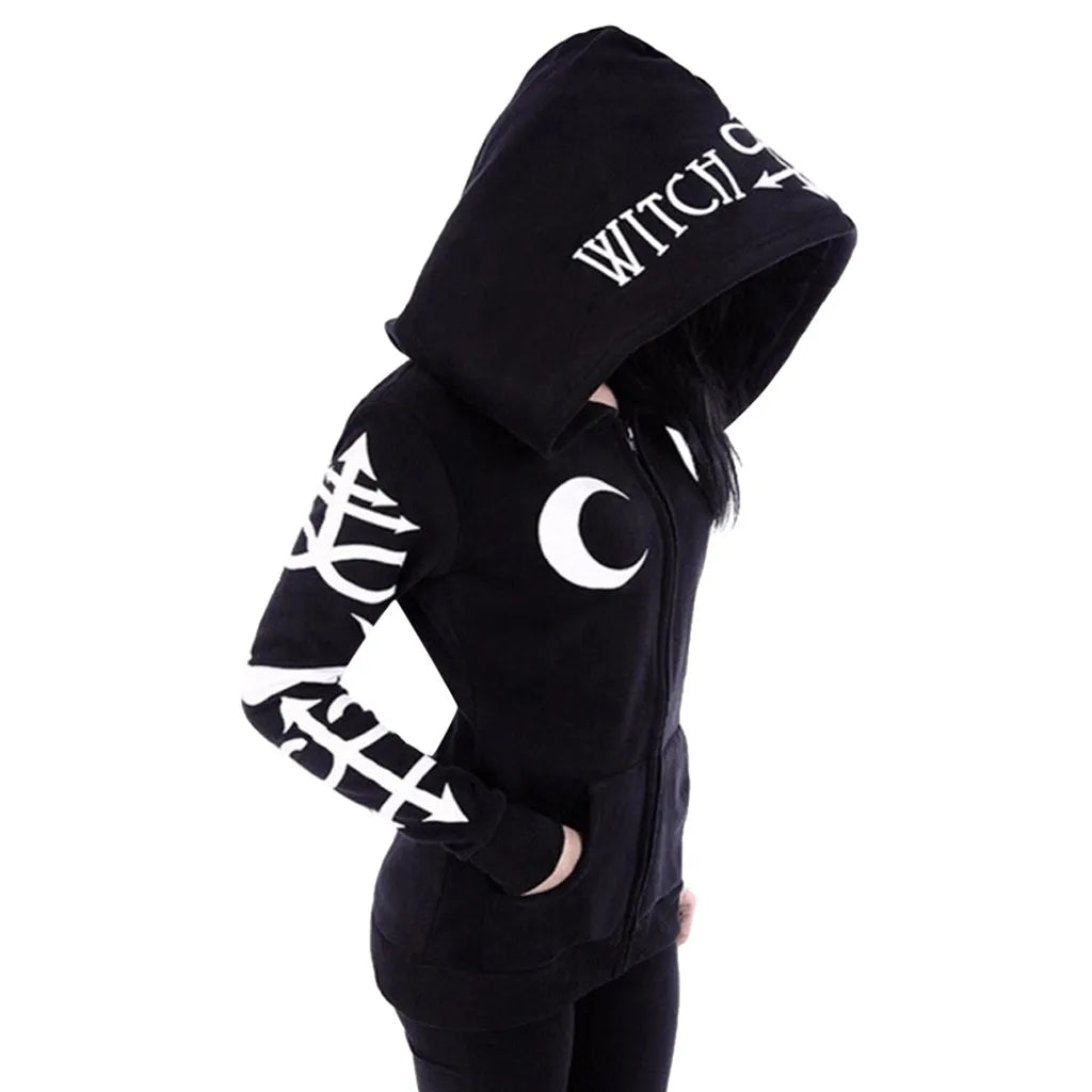 Gothic Punk Black Long Women Hoodies Sweatshirts 2023 Halloween Moon Print Long Sleeve Hoodie Women Loose Coat Hooded Sweatshirt