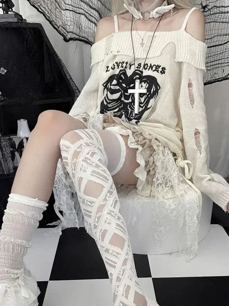 HOUZHOU Y2k Harajuku Gothic Knitted Pullovers Women Japanese Fashion Sexy Skull Off The Shoulder Punk Girls Hole Loose Sweater