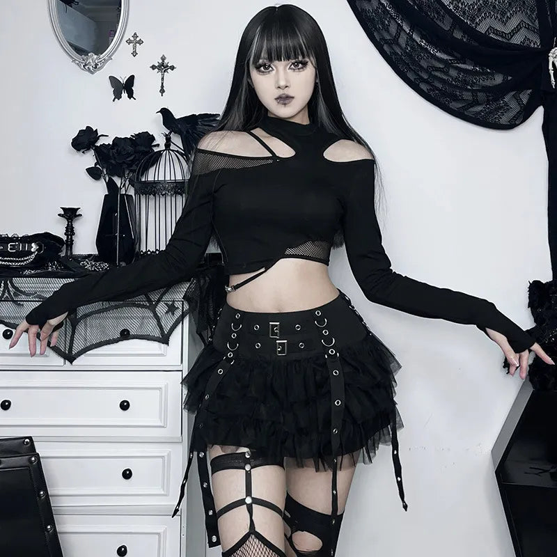 Gothic Dark Harajuku Y2k Skirt Women Cyberpunk E-girl Streetwear Hip Hop Eyelet Ribbons Mesh Patchwork Cake Skirt Female