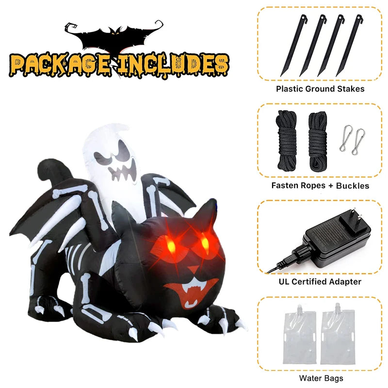 Large Halloween Outdoor Decoration Inflatable Ghost Skeleton Cat with Wings Built-in LED Light for Halloween Holiday Party Decor