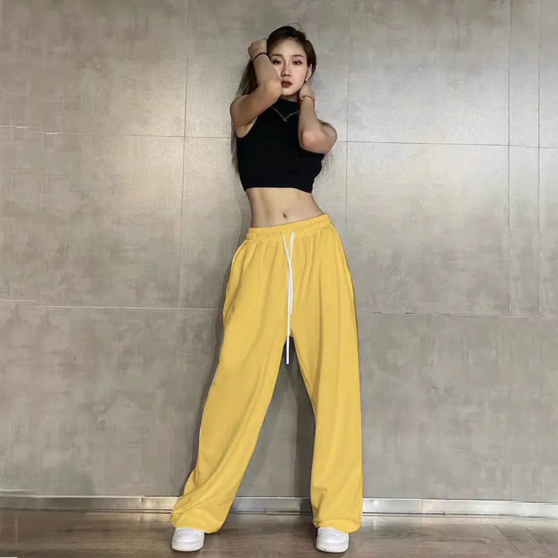 Hip Hop Leggings Sports Women's Spring and Autumn Patchwork High Waisted Drawstring Pockets Solid Color Loose Casual Jazz Pants