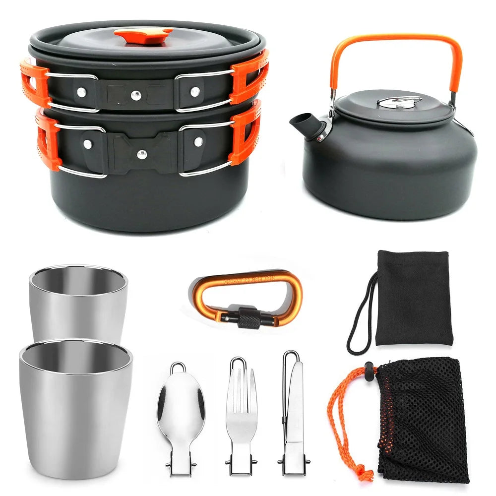 Camping Cookware Set Outdoor Travel Cooking Kit Aluminum Tableware Equipment Pot Kettle Cups Knife And Fork Hiking Picnic BBQ