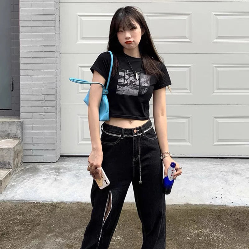 90s Black Rock Gothic Harajuku Vintage  Graphic Slim Short Crop Top Streetwear Summer Harajuku Y2K Punk Chic Women T-Shirt