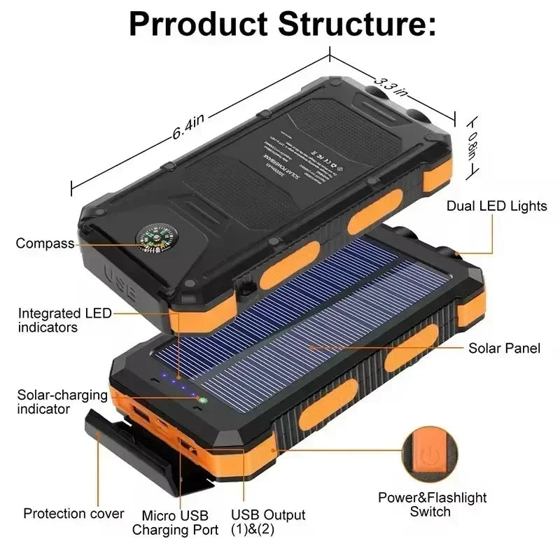 for Xiaomi 10000mAh Portable Solar Power Bank External Battery Fast Charging Waterproof Powerbank with SOS Flashlight Poverbank