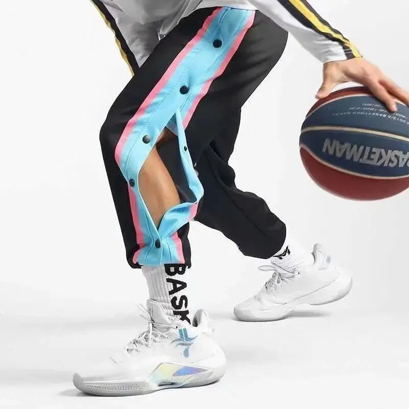 Harajuku Fashion Sports Men Pants Daily Outdoor Basketball Sweatpants Hollow Out Side Stripe Button Fly Design Creative Trousers