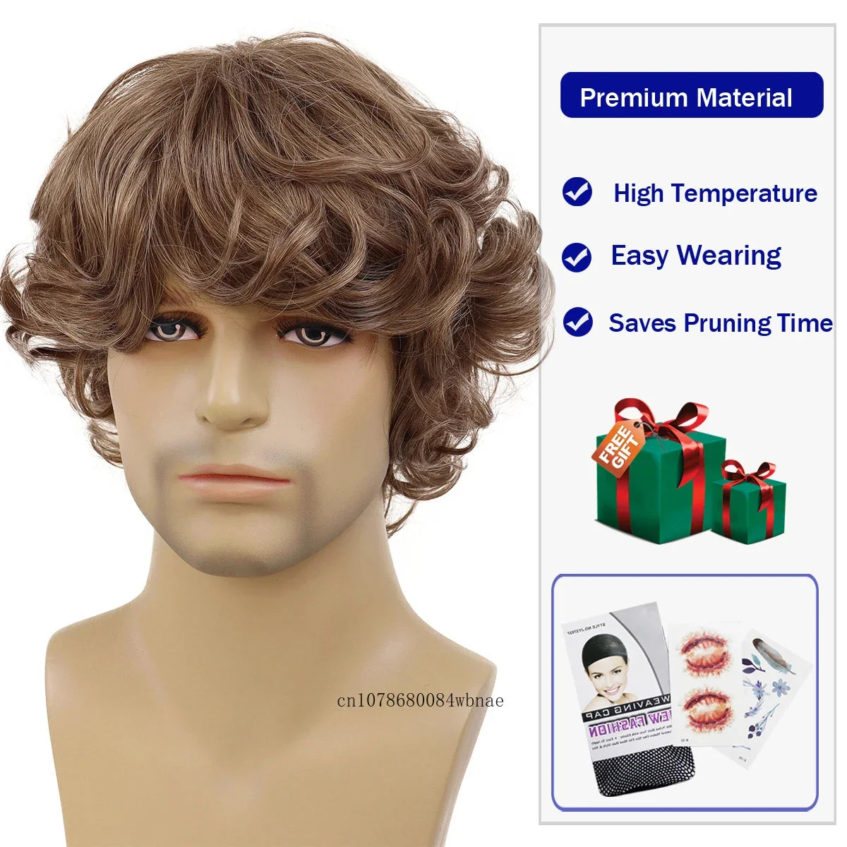 Mens Synthetic Short Curly Brown Hobbit Wig with Bang Halloween Cosplay Anime Baggins Wigs Daily Party Costume Heat Resistant