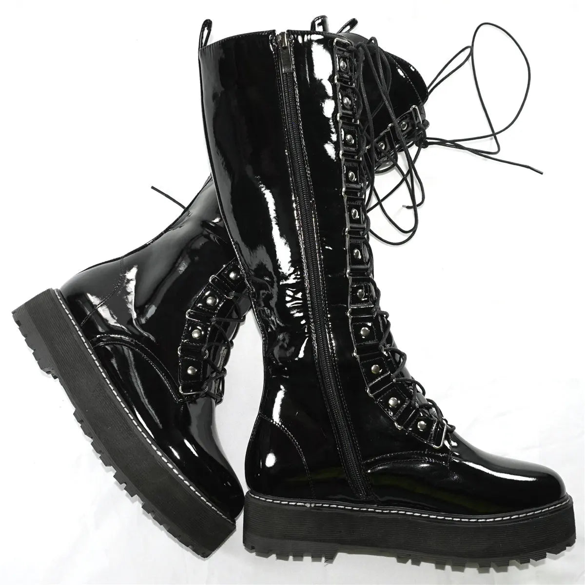 Winter Punk Creepers Women Lace Up Patent Leather Knee High Motorcycle Boots Female Round Toe Chunky Platform Pumps Casual Shoes