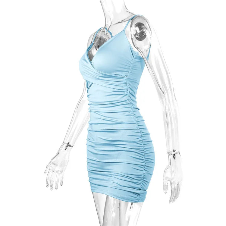 Fairyshely Sexy Ruffle Deep V Short Club Dress Ladies 2025 Summer Blue Bodycon Dresses Evening Party Tight Mini Dress