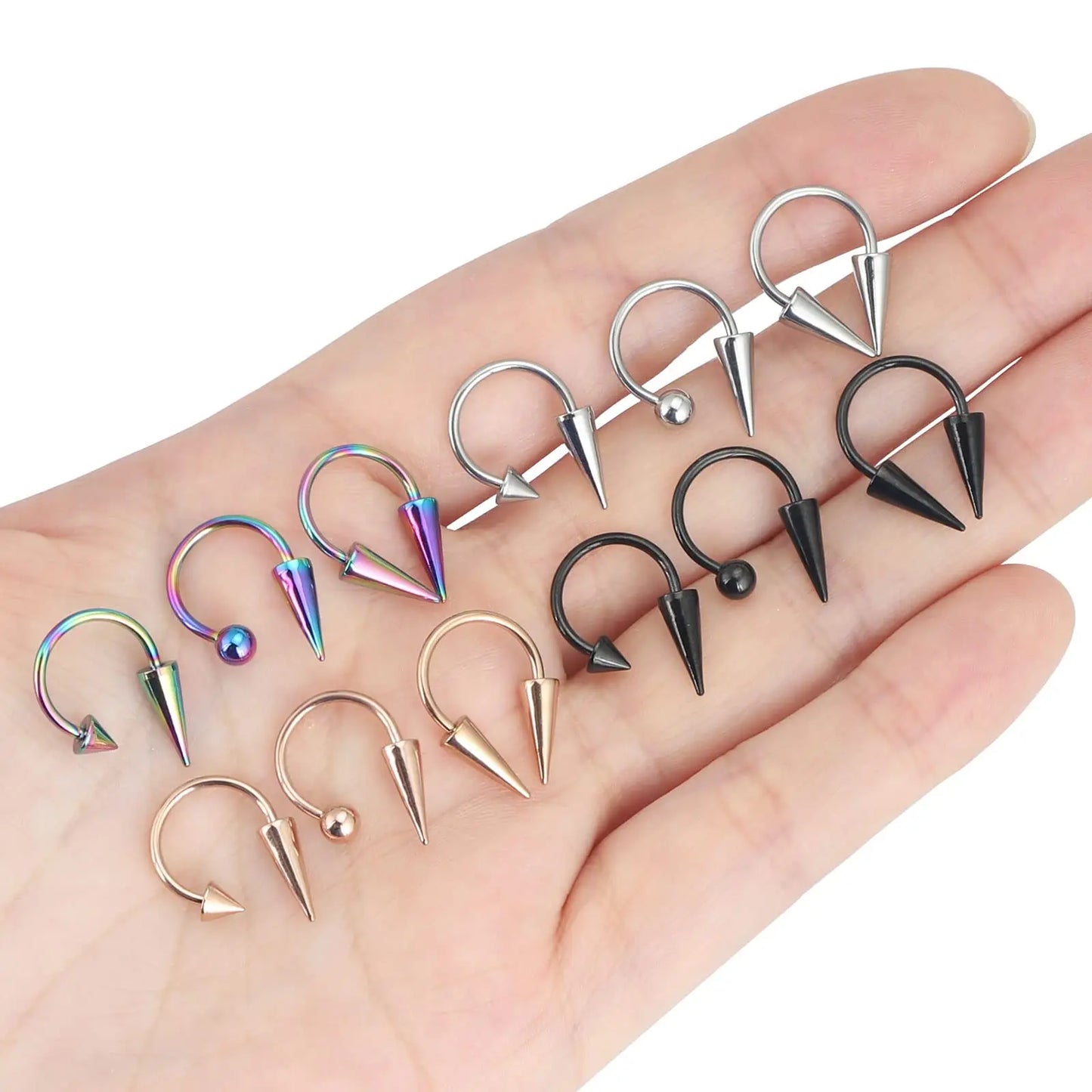 1-12PCS 16G Stainless Steel Long Spike Nose Septum Rings Horseshoe Hoop Lip Ring 10mm Piercing Jewelry Kit For Women Men 4Colors