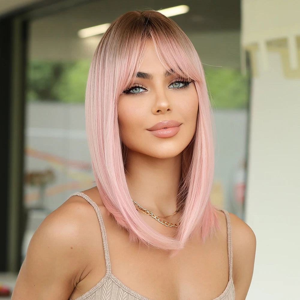 14" Soft Straight Pink Wig With Dark Roots  Synthetic Wigs With Bangs Female Bob Wigs For Women Daily Party Cosplay Use