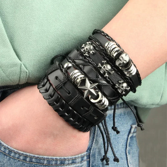 Eif Dock Vintage Gothic Punk Skull Star Metal Multilayer Leather Bracelet Men's Bracelets Gothic Jewelry Punk Gothic Bracelets