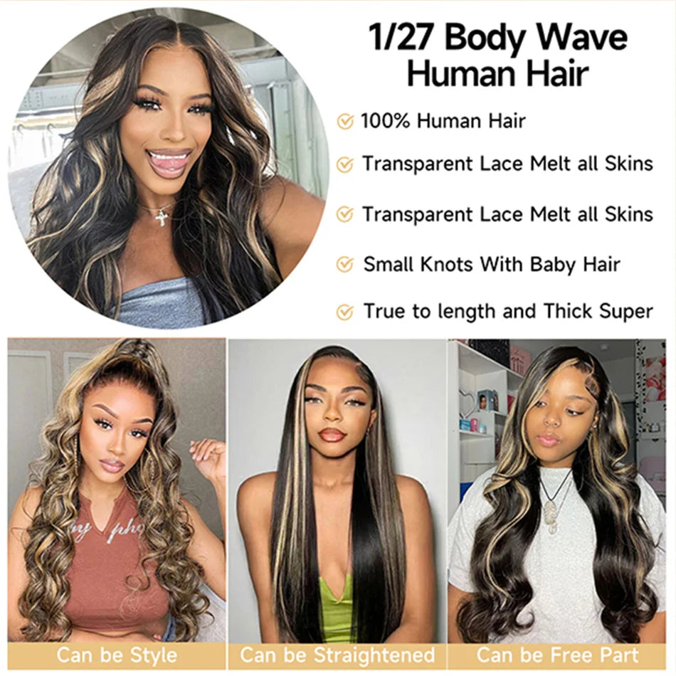 Blonde Highlight Body Wave Lace Front Human Hair Wig 13X4 Lace Frontal Human Hair Wigs For Women Hightlight 1B/27 Wig On Sale