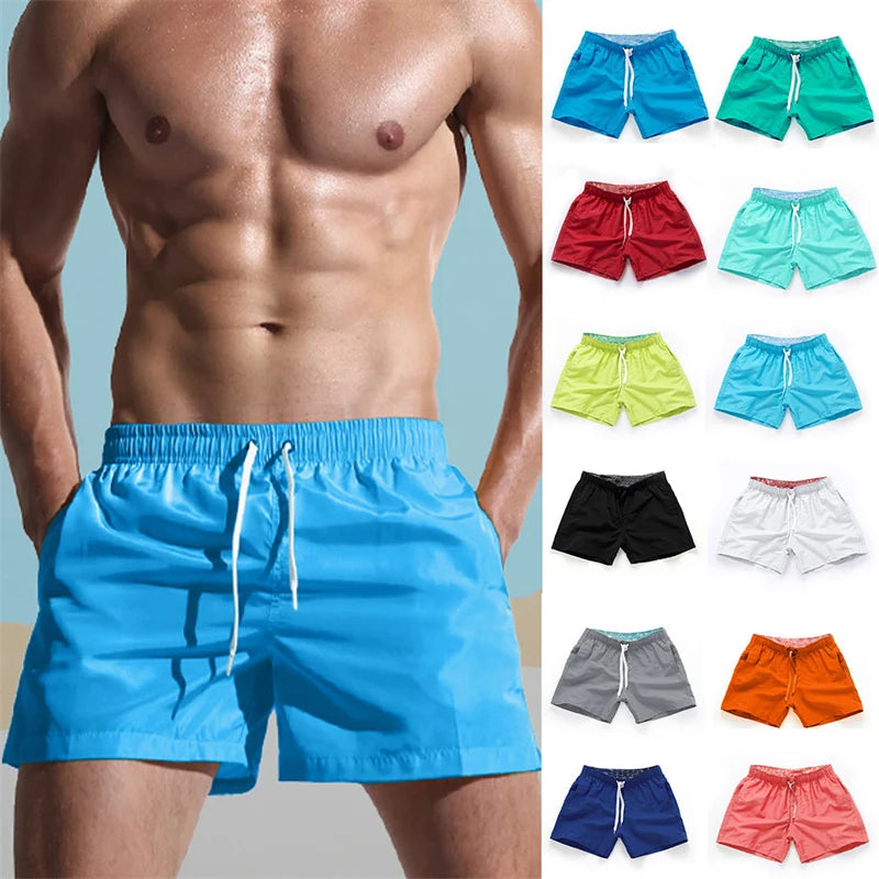 Mens Swim Trunks with Side Pockets Summer Casual Solid Color Beach Shorts Quick Dry Lightweight Board Shorts Swimwear Swimsuit